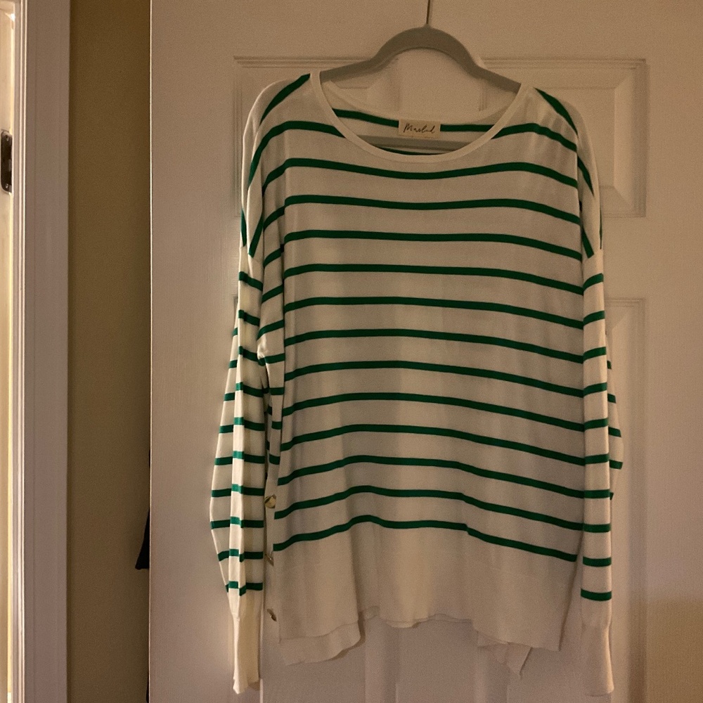 Marled Preppy White/Green Striped Pullover Sweater, size XL. Brand new.